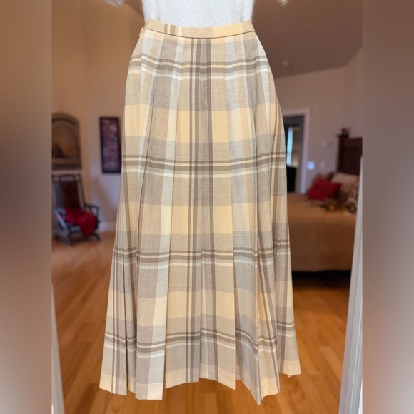 VTG 70s Pendleton Cream Taupe Tan Pleated Plaid A-Line Midi Maxi Skirt, Size 4 - Picture 6 of 13